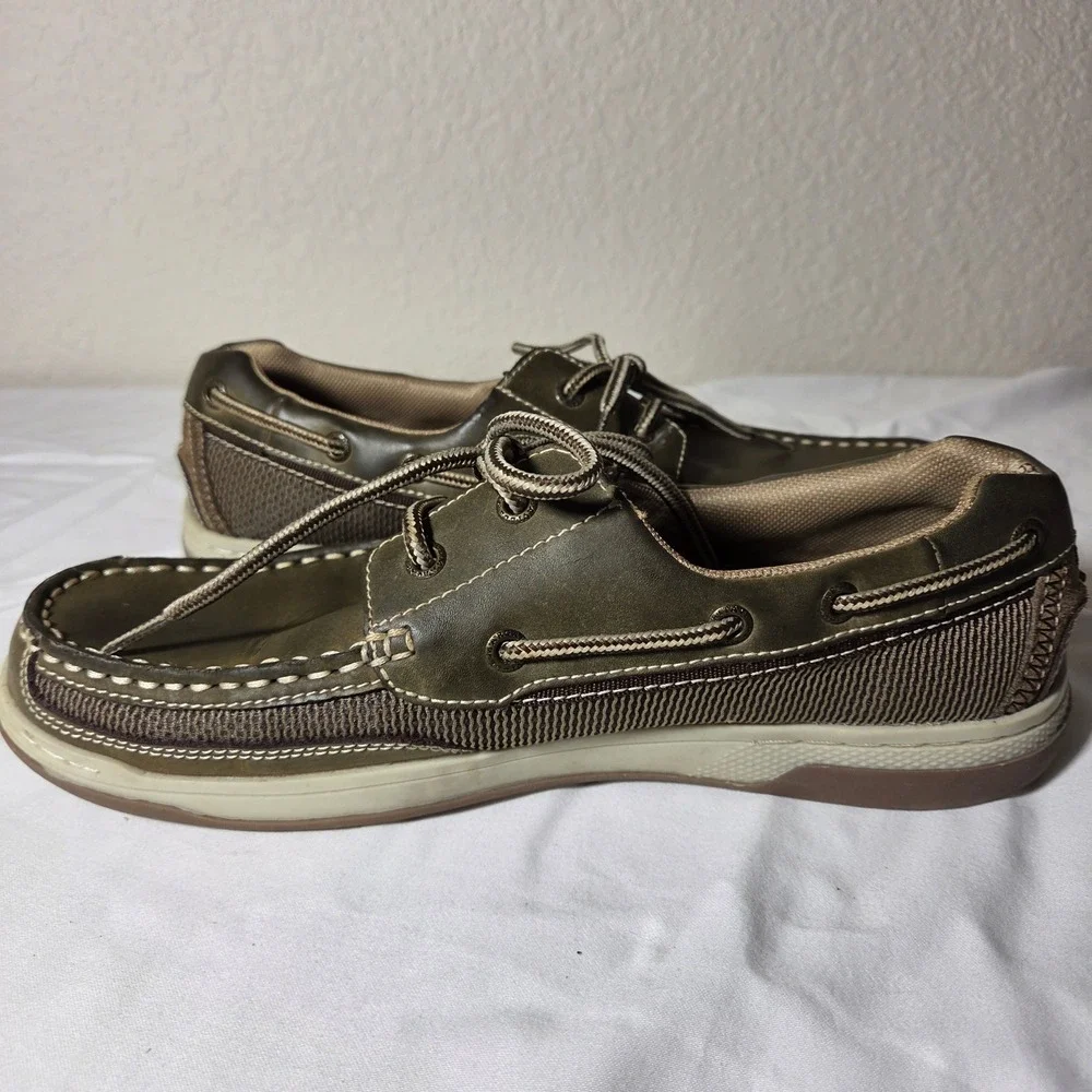 Margaritaville Mens Boat Shoes Olive Green Leather Textile Loafers Size 10 S1592